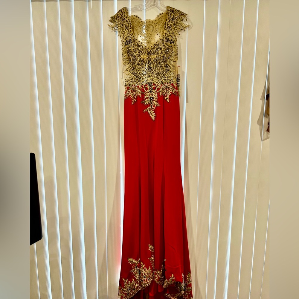 Stunning Red Gown with Nude beaded Top and Train. - Picture 14 of 17